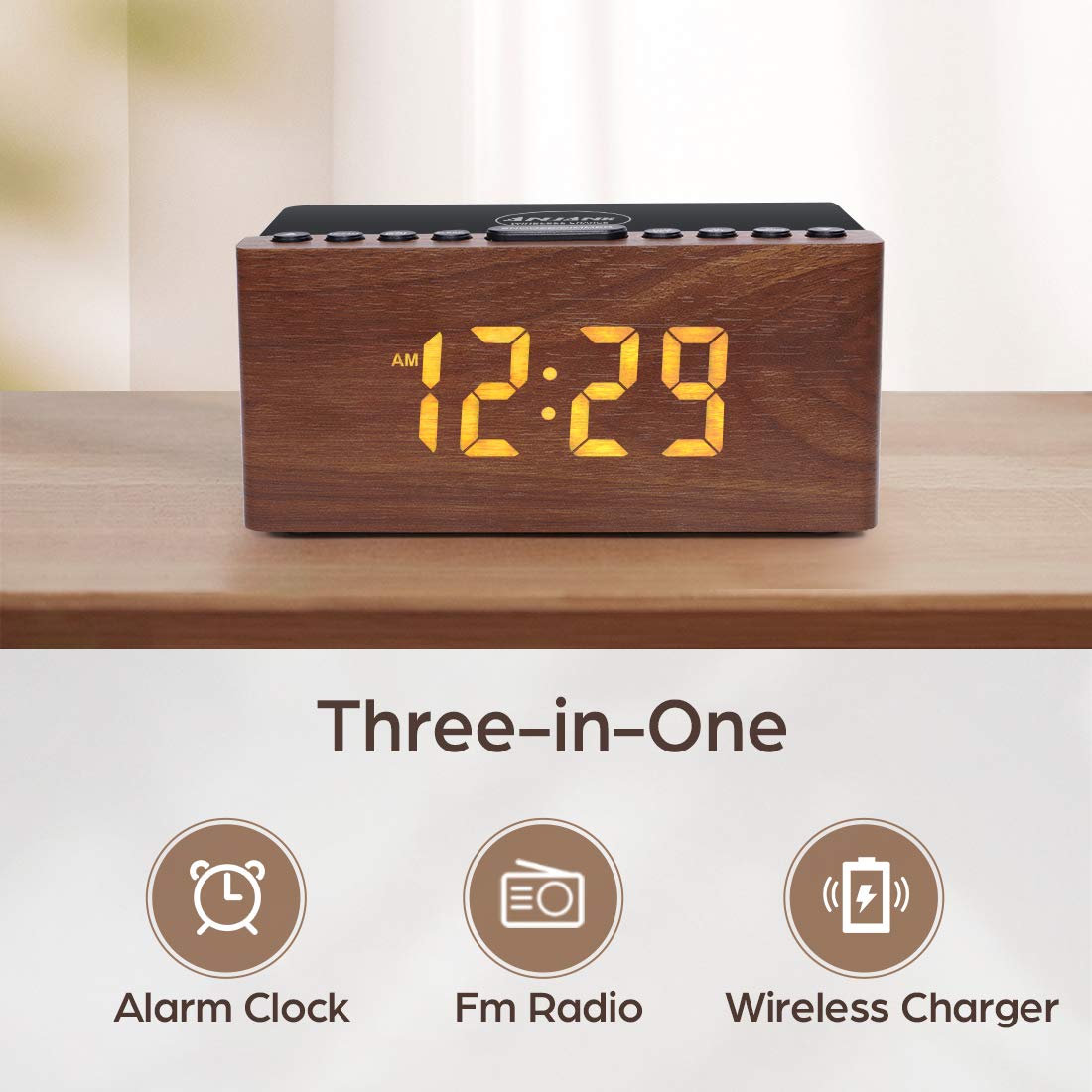 Digital Alarm Clock with FM Radio & Wireless Charging – Qi-Certified, LED Display, USB Port, Sleep Timer