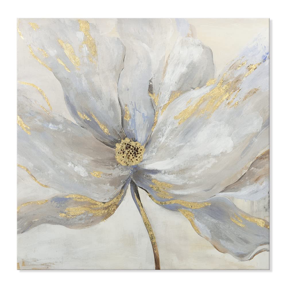 Goldfoilart Décoration murale florale moderne en fleurs blanches avec peintures en feuille d'or, œuvres d'art encadrées pour salon, chambre à coucher, cuisine, 61 x 61 cm x 2 pièces 