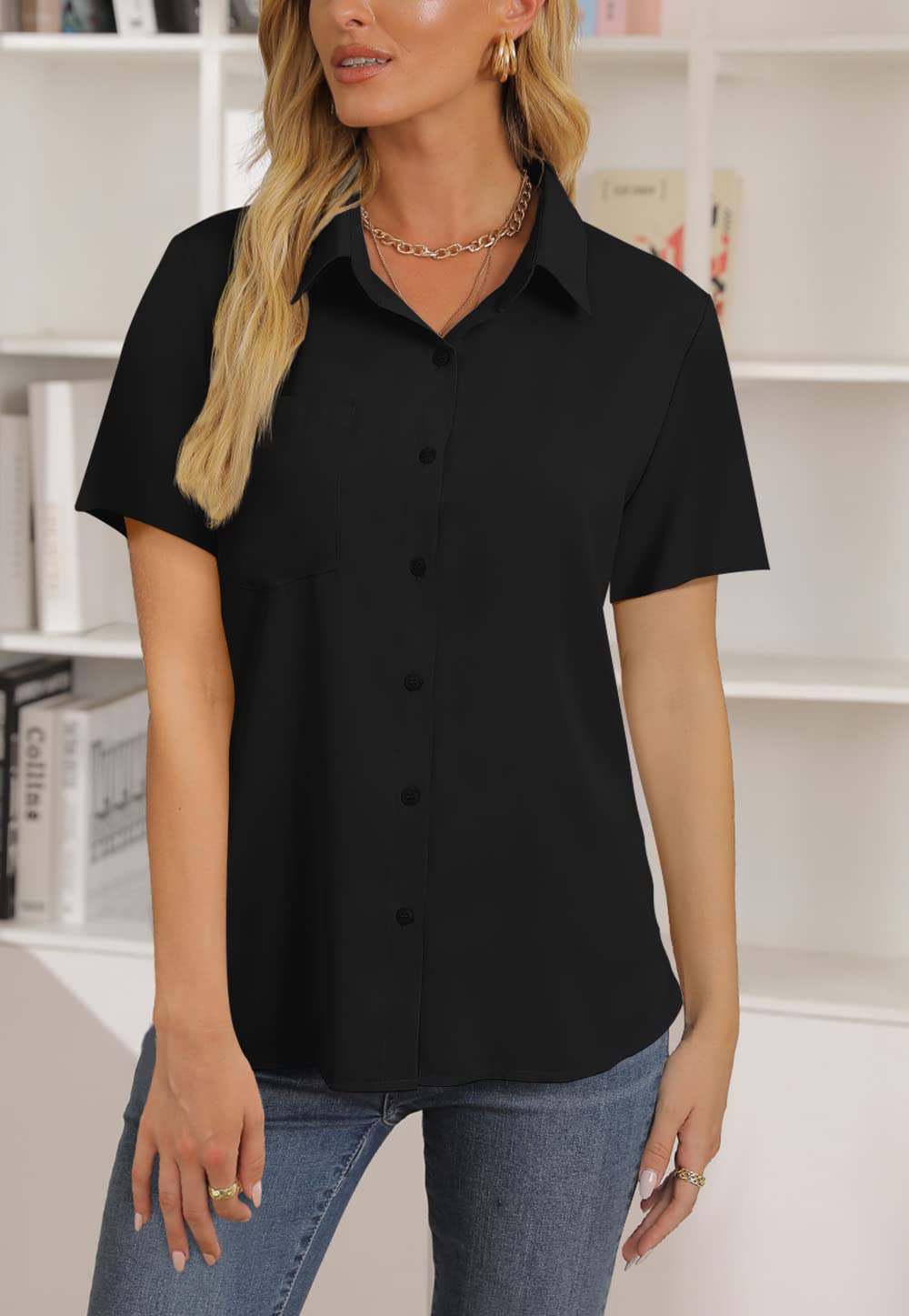 AISEW Damen Casual Button-Down-Hemden V-Ausschnitt Chiffon Lang-/Kurzarm Kragen Büro Arbeitsblusen Tops mit Tasche 