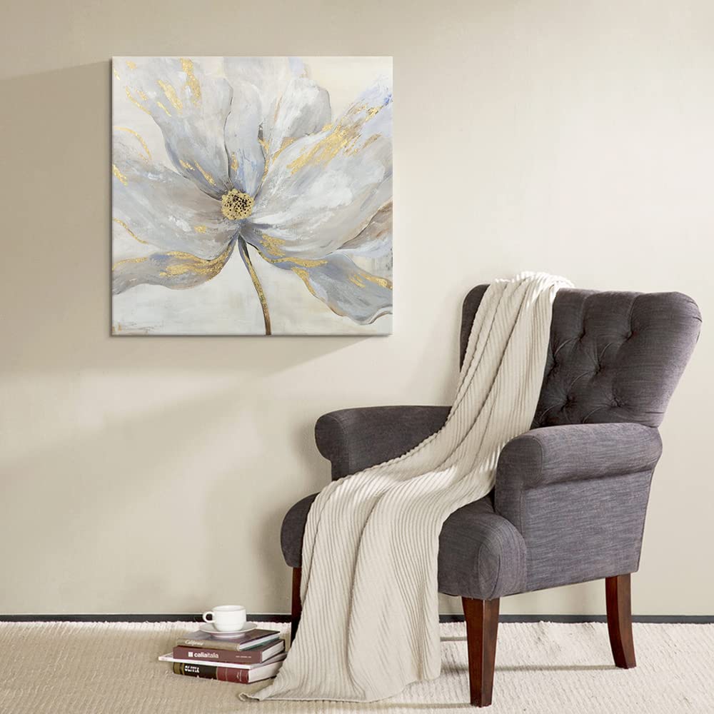 Goldfoilart Décoration murale florale moderne en fleurs blanches avec peintures en feuille d'or, œuvres d'art encadrées pour salon, chambre à coucher, cuisine, 61 x 61 cm x 2 pièces 