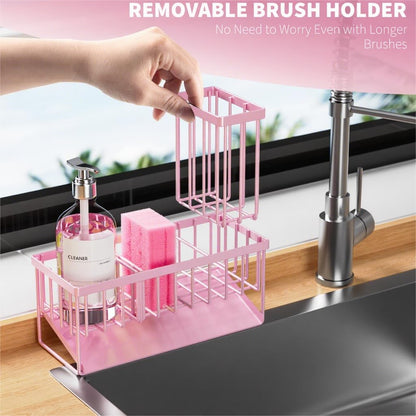 Kitchen Sink Caddy Organzier with High Brush Holder, Sponge Holder for Sink, 304 Rustproof Stainless, Kitchen Countertop Soap Dispenser Organizer, Kitchen Decor and Accessories