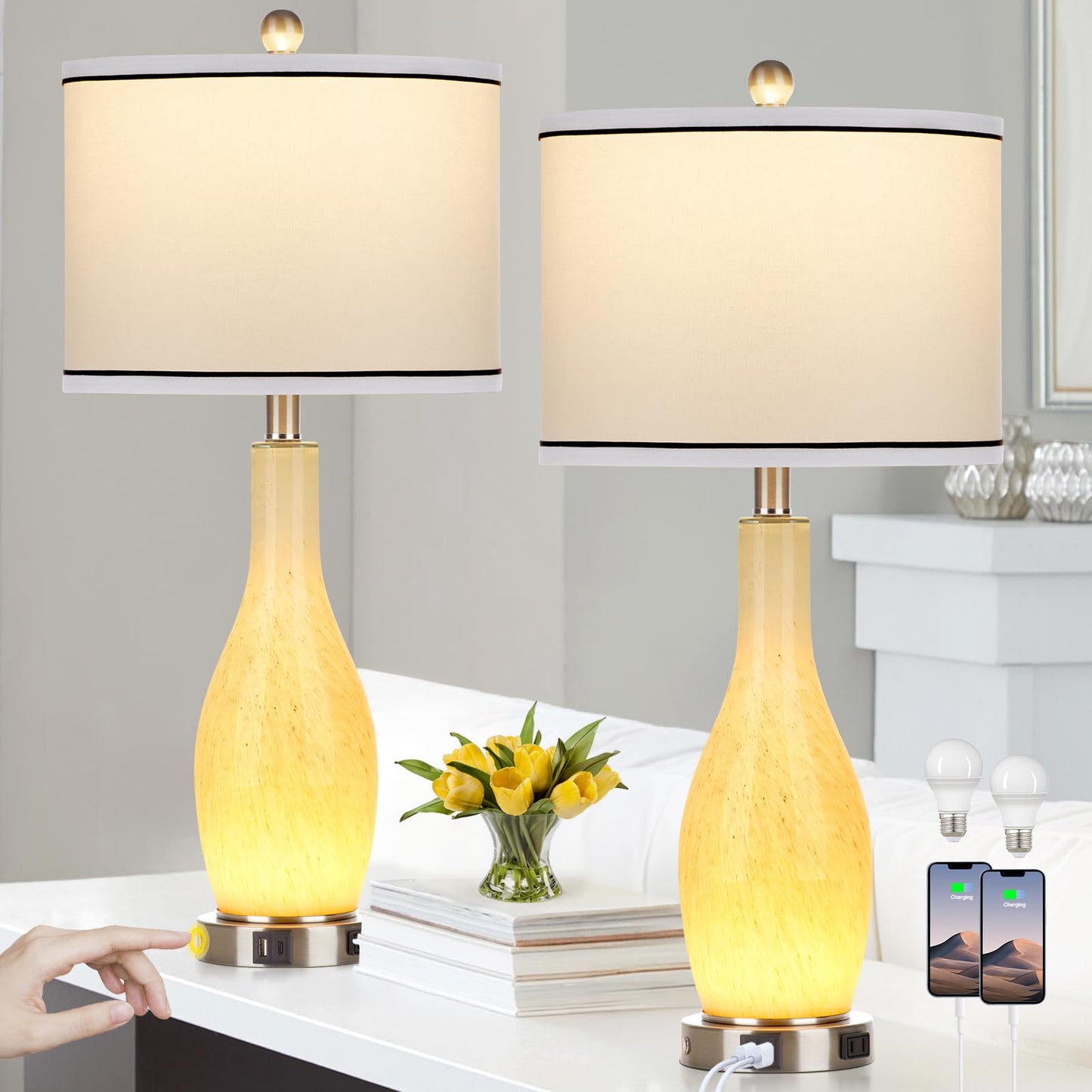 27" Glass Table Lamps Set of 2 with Nightlight, 3 Way Touch Control Modern Bedside Lamps with USB A+C Ports & AC Outlet, Boho Yellow Nightstand Lamps for Bedroom Living Room