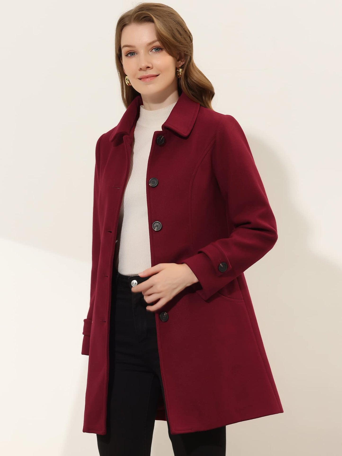 Allegra K Damen Winter Oberbekleidung Mantel Peter Pan Kragen Mitte Oberschenkel A-Linie Einreihig Pea Coat