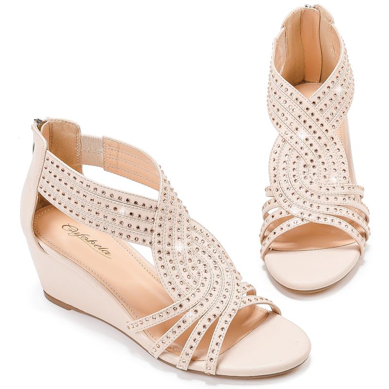 Damen Keilsandalen mit glitzernden Strasssteinen, offene Zehenpartie, modische, elegante Sandalen für Abendveranstaltungen, Hochzeiten und Abschlussbälle 