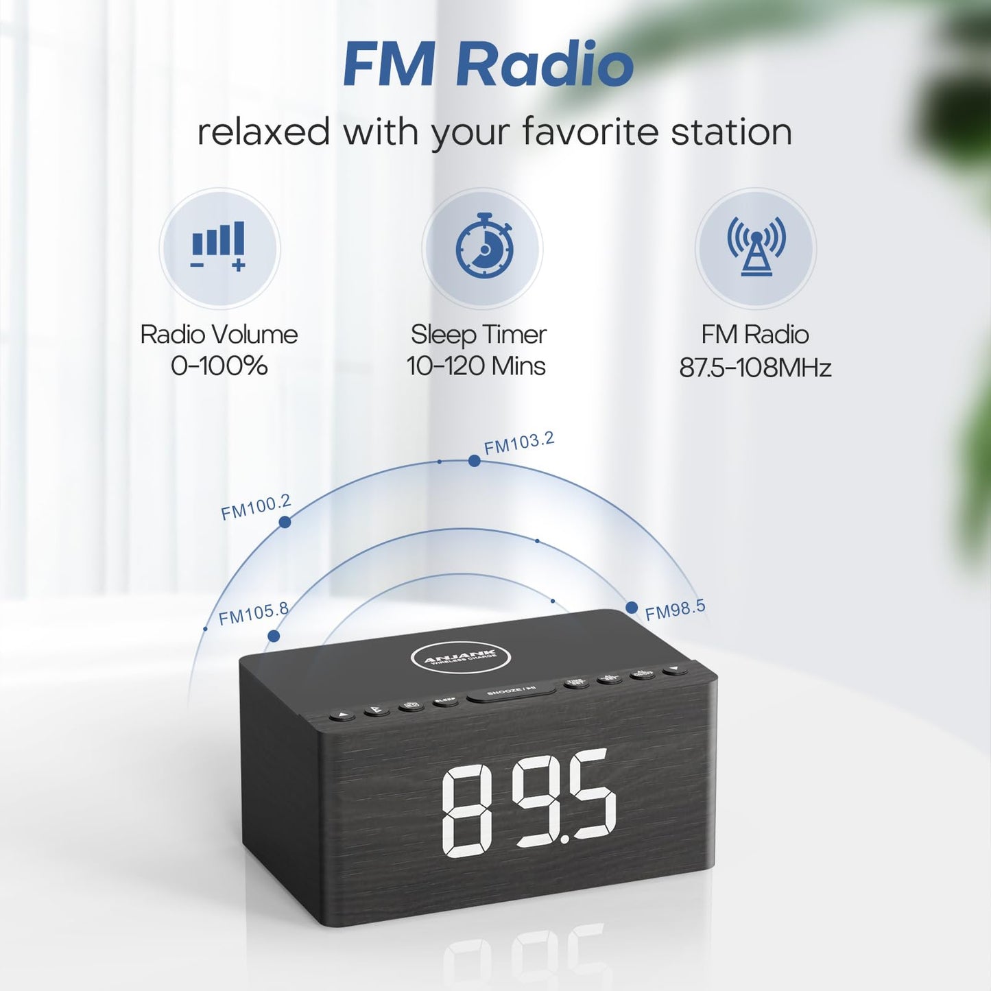 Digital Alarm Clock with FM Radio & Wireless Charging – Qi-Certified, LED Display, USB Port, Sleep Timer