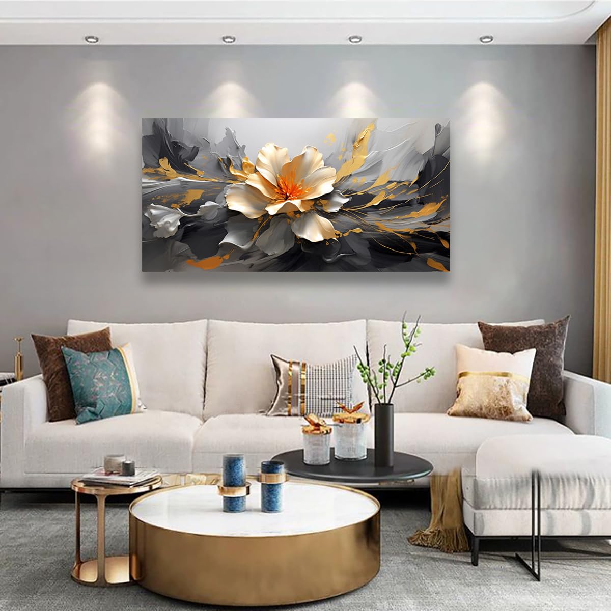 Golden Lotus Pictures Canvas Wall Art for Living room Office Bedroom Wall Decor,Flowers Wall Art Print Paintings Modern Abstract Oil Painting Artwork Waterproof Ready to Hang-20x40inch