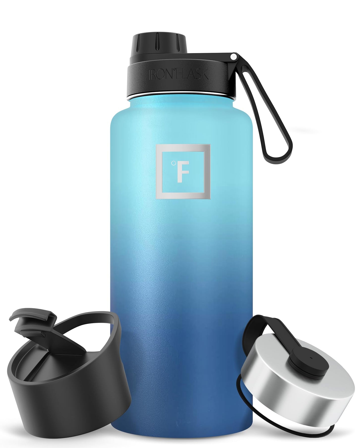 Bouteille d'hydratation de camping et de randonnée IRON °FLASK avec 3 couvercles - Bouteille d'eau en acier inoxydable, à double paroi et isolée sous vide - Anti-fuite et sans BPA (Dark Night, Straw - 32 oz) 