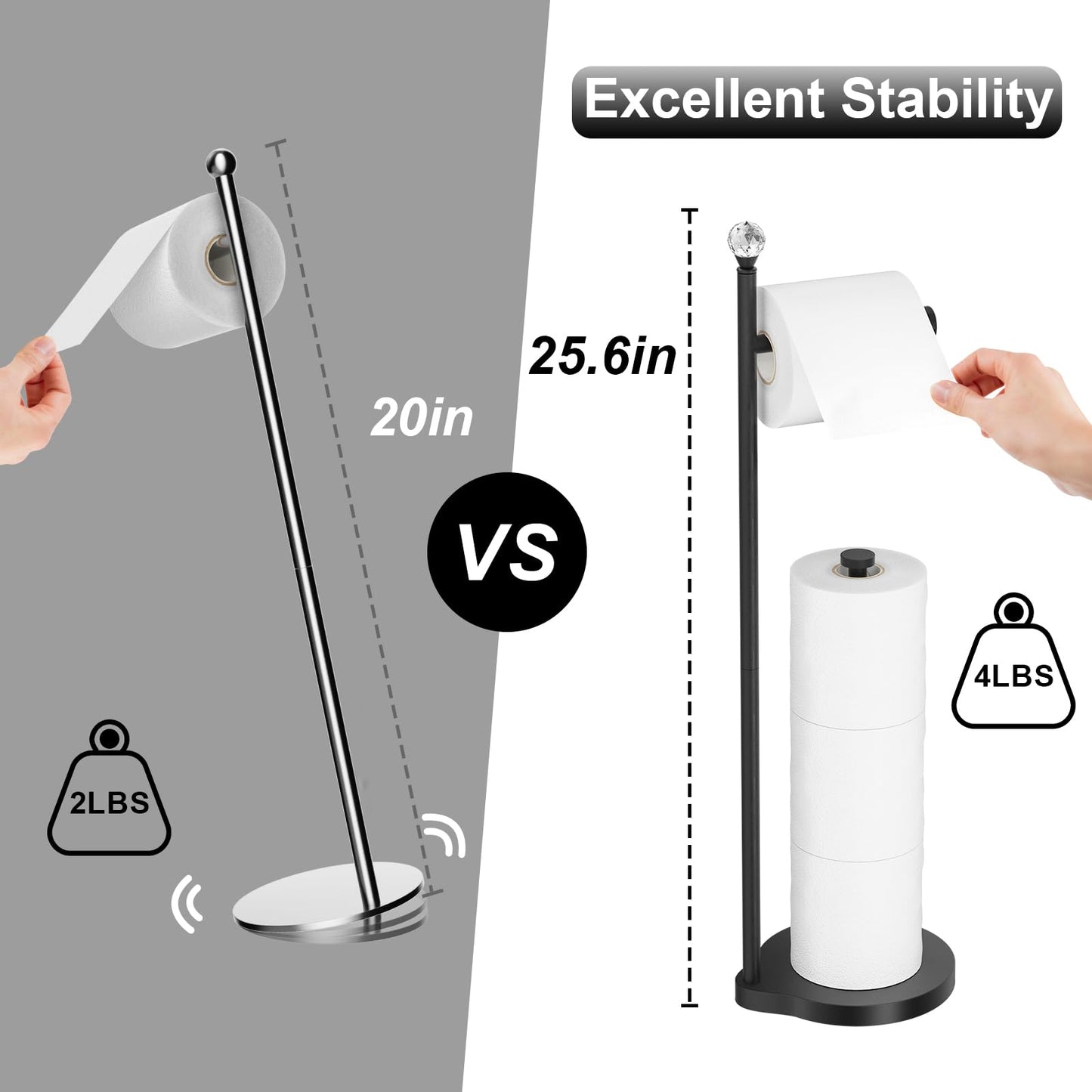 Weighted Freestanding Toilet Paper Holder – Metal Bathroom Stand with Crystal Accent
