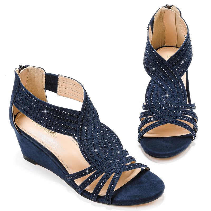 Damen Keilsandalen mit glitzernden Strasssteinen, offene Zehenpartie, modische, elegante Sandalen für Abendveranstaltungen, Hochzeiten und Abschlussbälle 