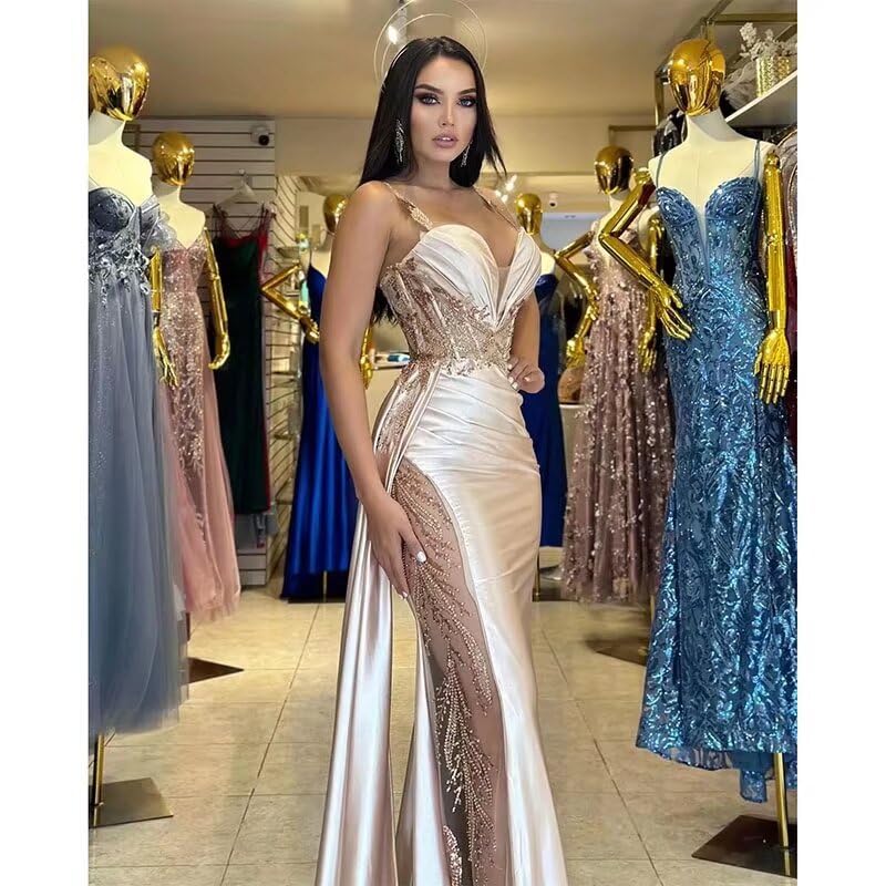 V Neck Satin Prom Dresses Long Mermaid Lace Evening Gown with Slit Pleated Bodycon Formal Dress with Tail