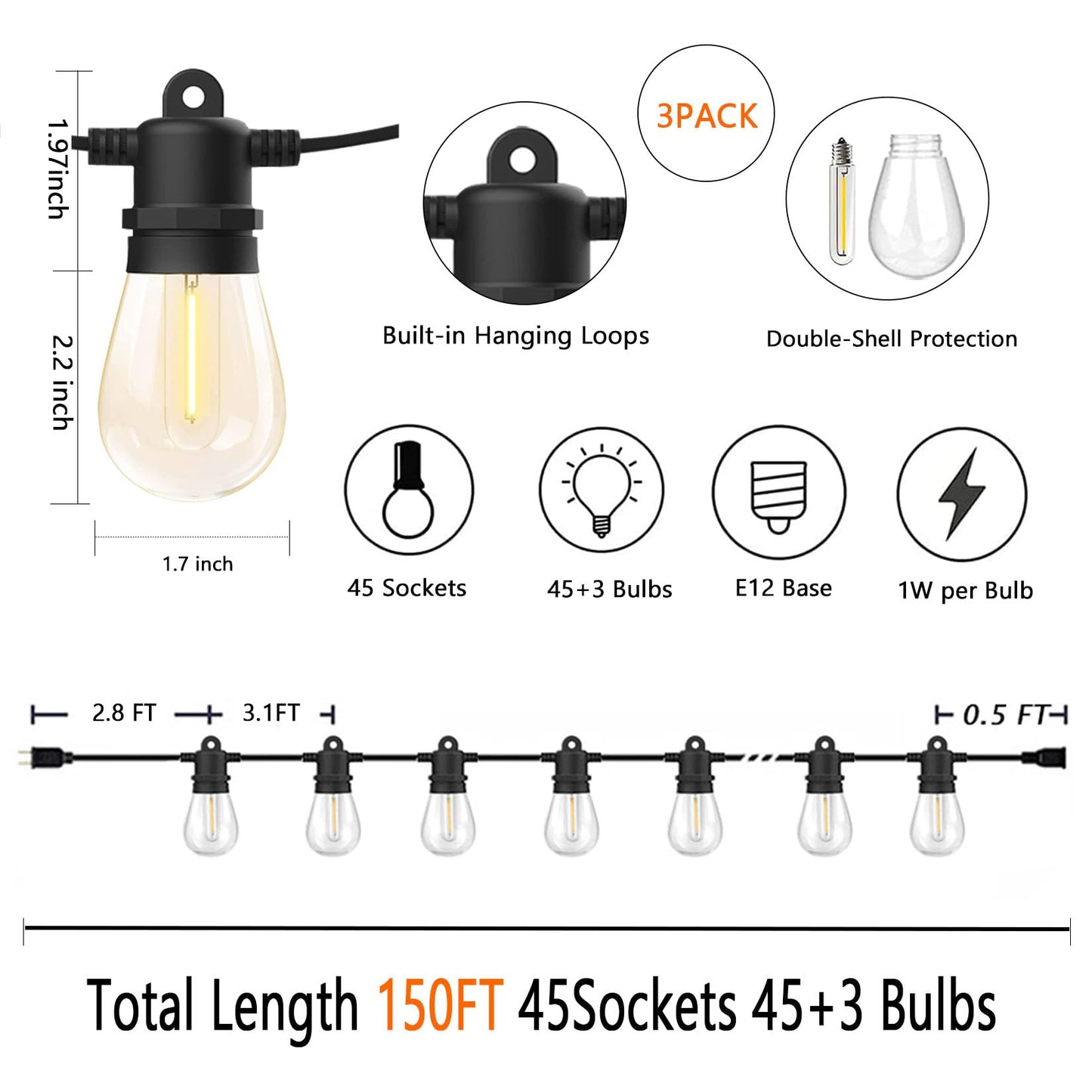 200ft Lichterkette für draußen, LED-Terrassenbeleuchtung für draußen, wasserdicht, mit 63 bruchsicheren Edison-Lichtern, Lichterkette für draußen, 2200K, Außenbeleuchtung für Terrasse, Pavillon, Pergola, Café 