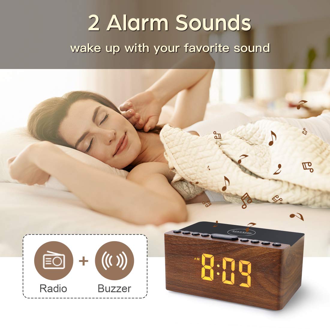 Digital Alarm Clock with FM Radio & Wireless Charging – Qi-Certified, LED Display, USB Port, Sleep Timer
