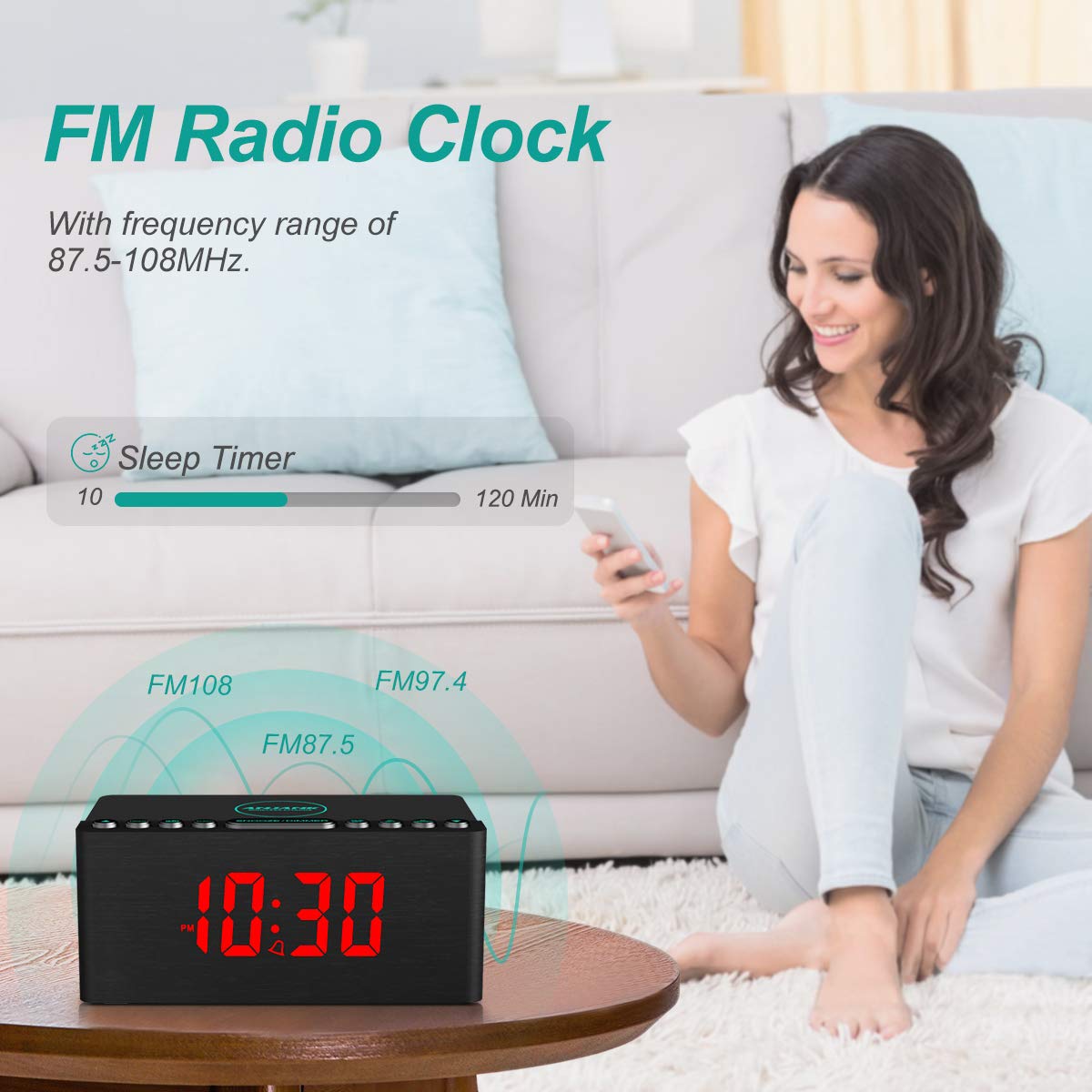 Digital Alarm Clock with FM Radio & Wireless Charging – Qi-Certified, LED Display, USB Port, Sleep Timer