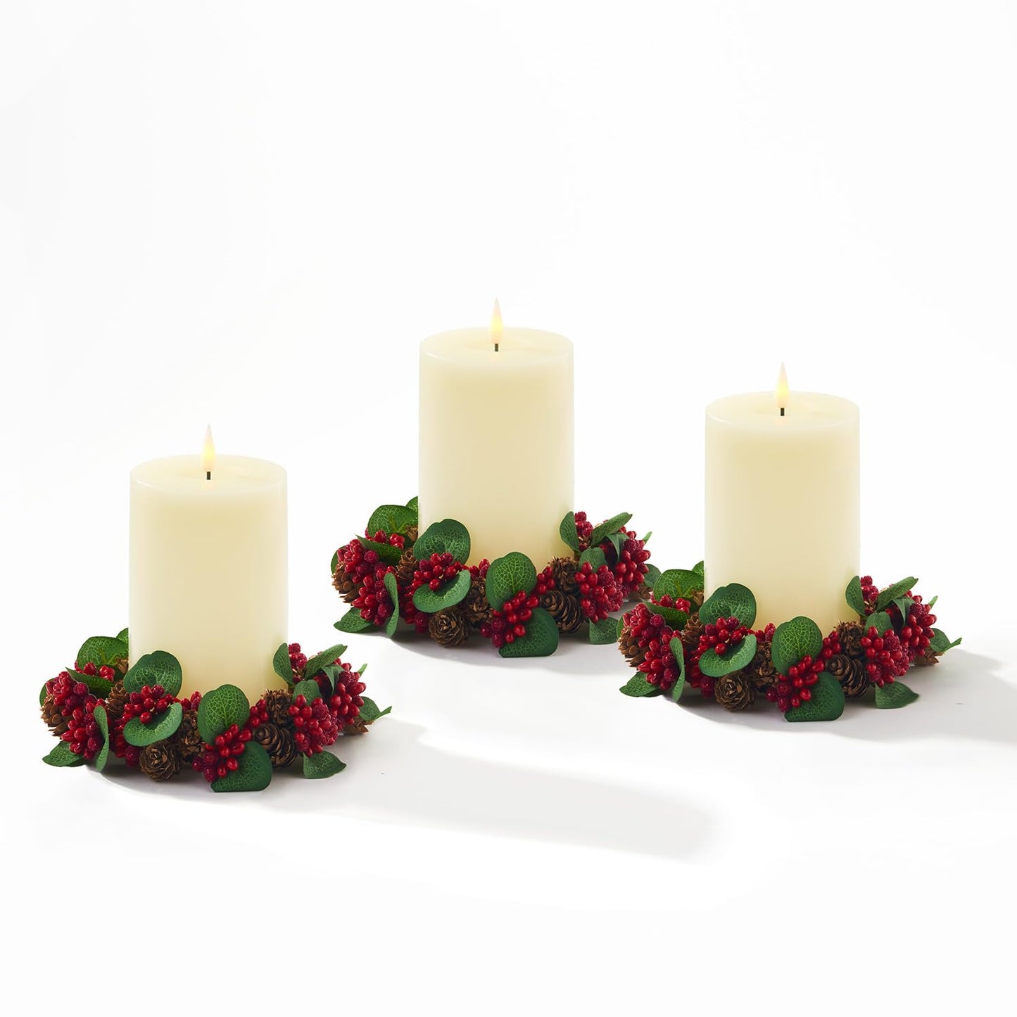 LampLust Christmas Candle Rings Wreaths, Set of 3, Mini Wreath with Mini Pine Cones & Red Berries, Fits 3 Inch Pillar Candles, Candle Rings for Pillars, Christmas Table Decor, Holiday Decorations