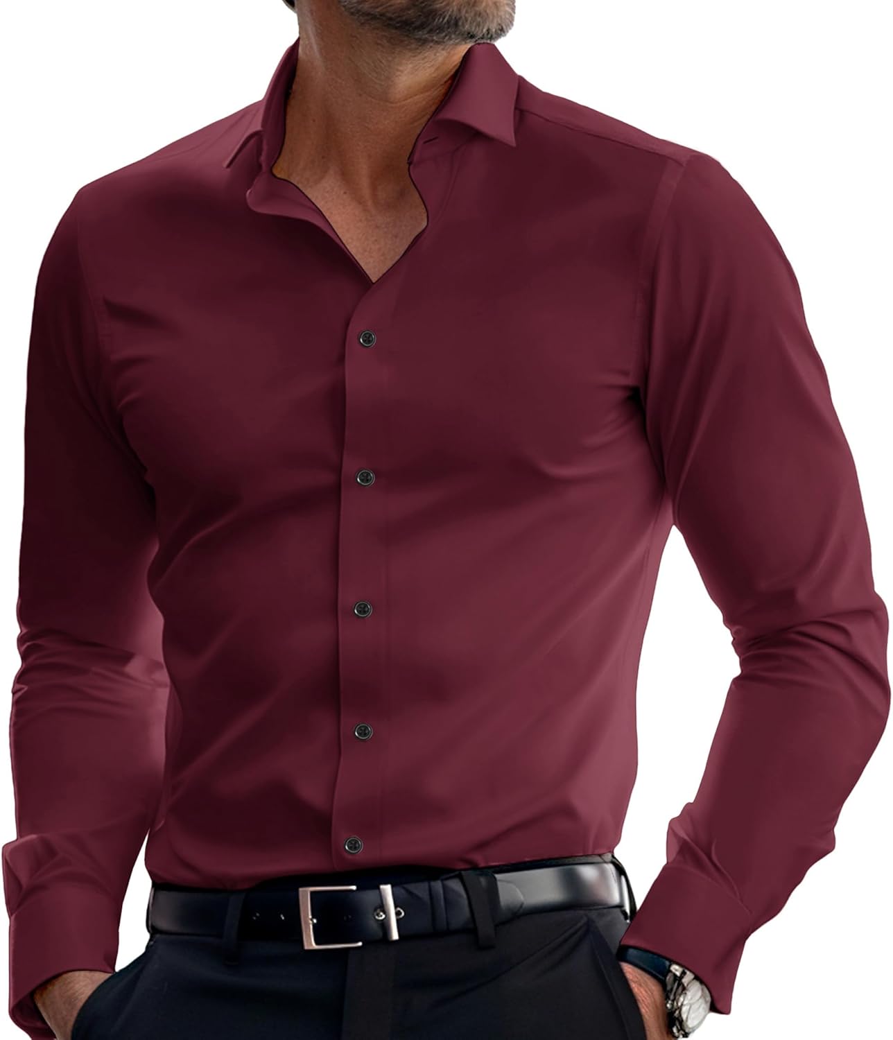 PJ PAUL JONES Mens Dress Shirts Long Sleeve,Mens Casual Button Down Shirts Long Sleeve,Long Sleeve Dress Shirts for Men Wrinkle Free Wine Red