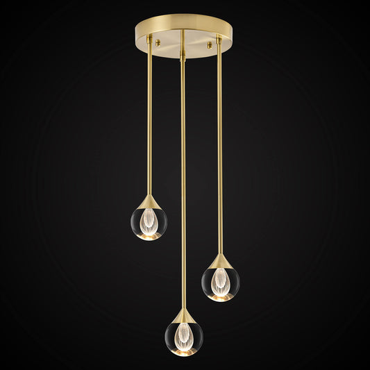 Suspension en cristal à 3 lumières en forme de larme, luminaire suspendu en forme de globe en cristal à LED à intensité variable, éclairage de plafond moderne pour îlot de cuisine, salle à manger, chambre à coucher, bar, 3000 K, 24 W, laiton brossé 