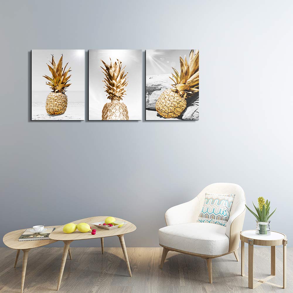 TTHYUEWS Canvas Wall Art for bar kitchen Living Room Office Bathroom home decoration Board Black and white Beach scenery golden Pineapple pictures Artwork restaurant Wall Decor Ready to Hang