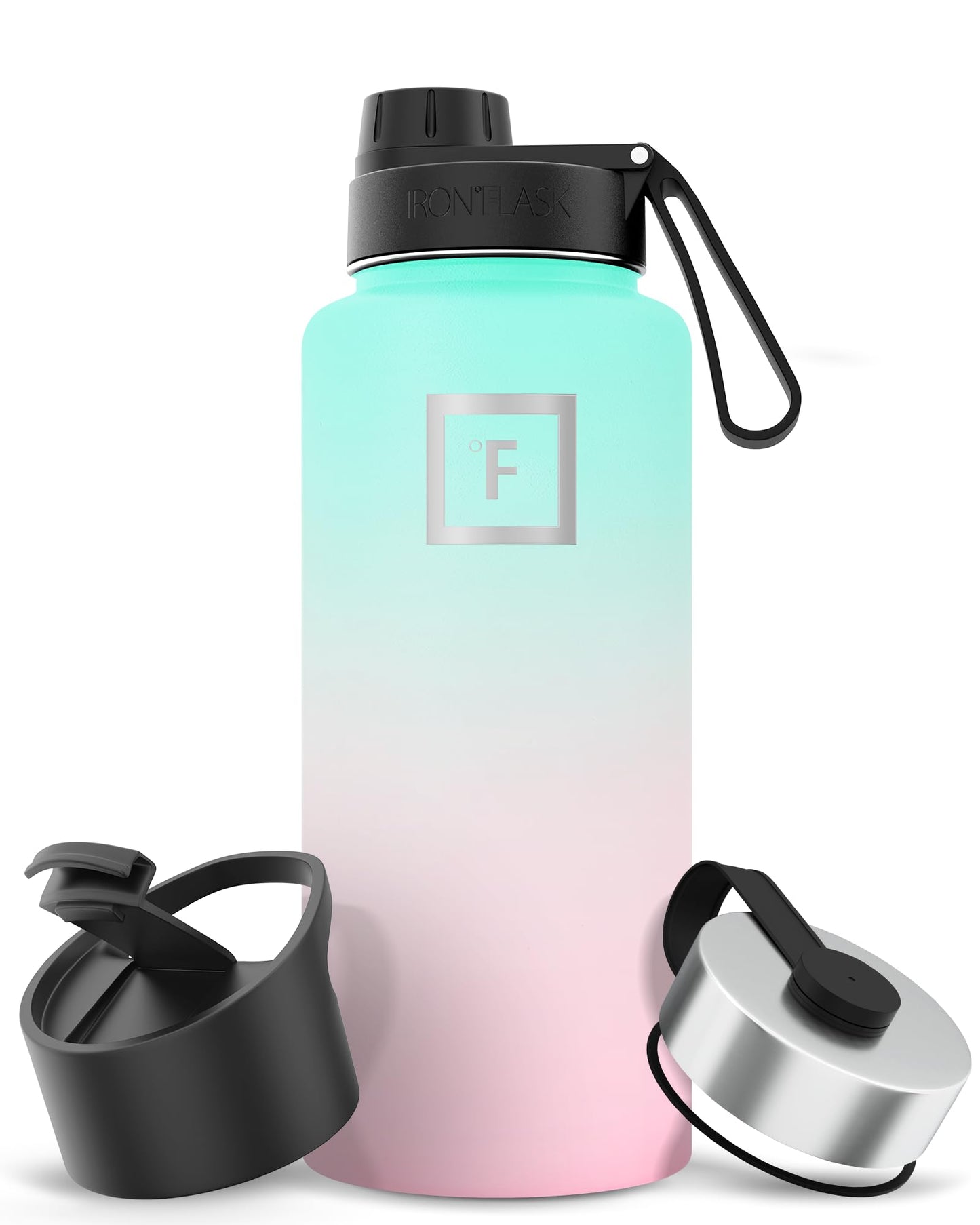 Bouteille d'hydratation de camping et de randonnée IRON °FLASK avec 3 couvercles - Bouteille d'eau en acier inoxydable, à double paroi et isolée sous vide - Anti-fuite et sans BPA (Dark Night, Straw - 32 oz) 