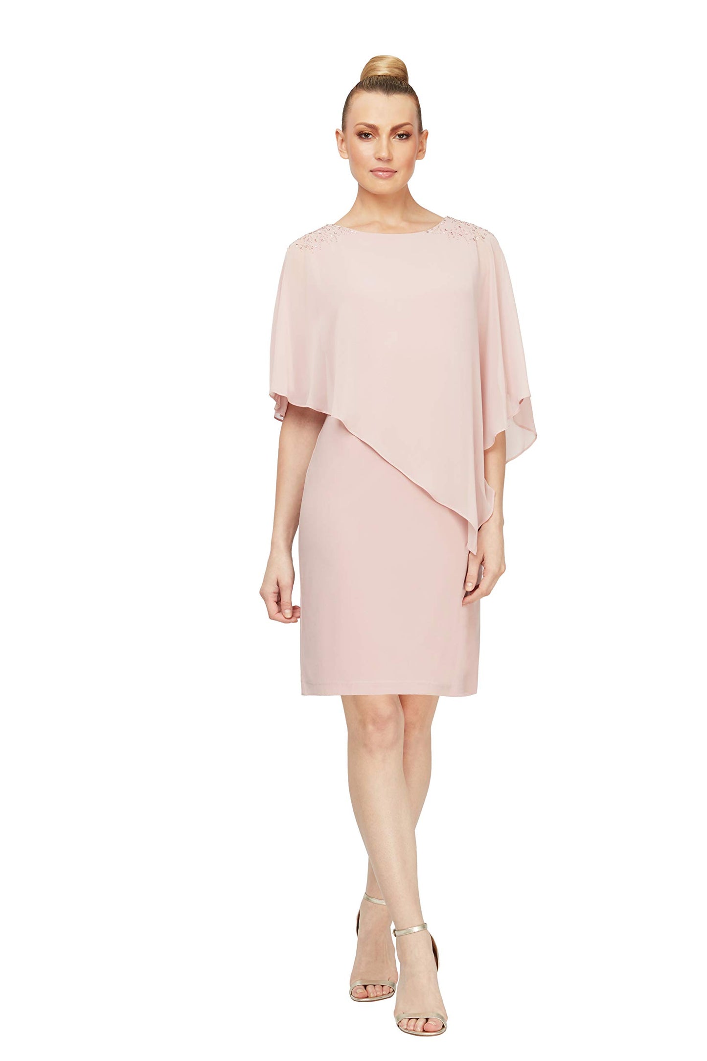 S.L. Fashions Women's Short Sheath Capelet Gown with Asymmetric Overlay, Mother of The Bride Dress (Petite and Regular Sizes)