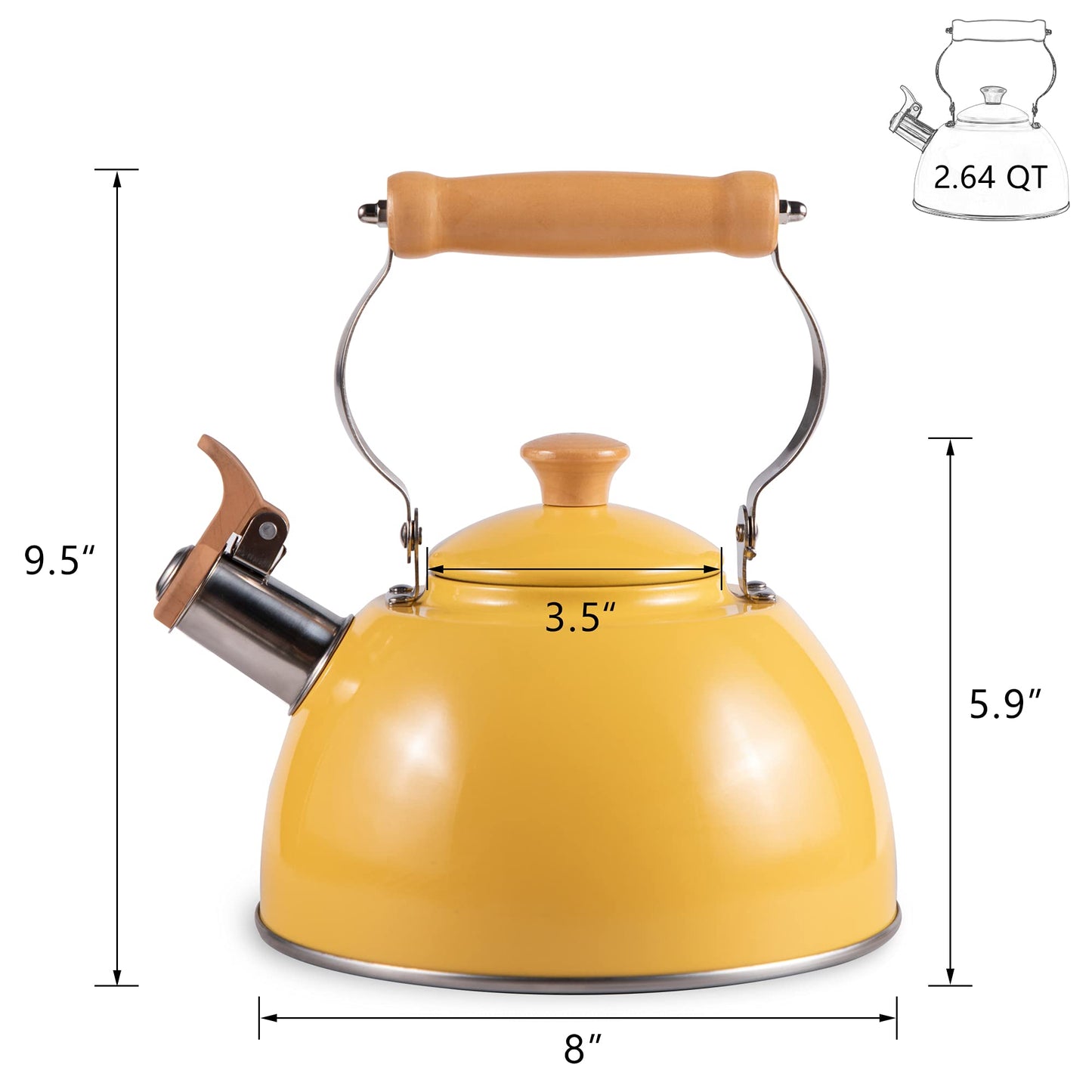 ROCKURWOK Tea Kettle, Tea Pot with Cool Touch Ergonomic Handle, Tea Kettle Food Grade Stainless Steel, Tea Kettle Stovetop, Kettle Teapot, Whistling Tea Kettle, Small Tea Kettle, 1.6 Quart (Yellow)