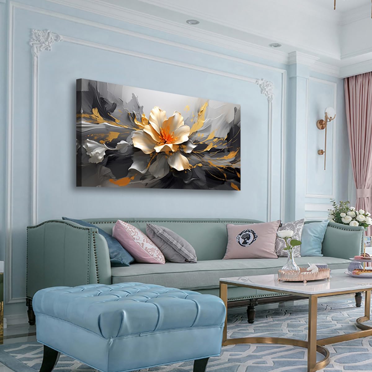 Peinture à l'huile abstraite moderne sur toile représentant un lotus doré, décoration murale pour salon, bureau, chambre à coucher, 50,8 x 101,6 cm 