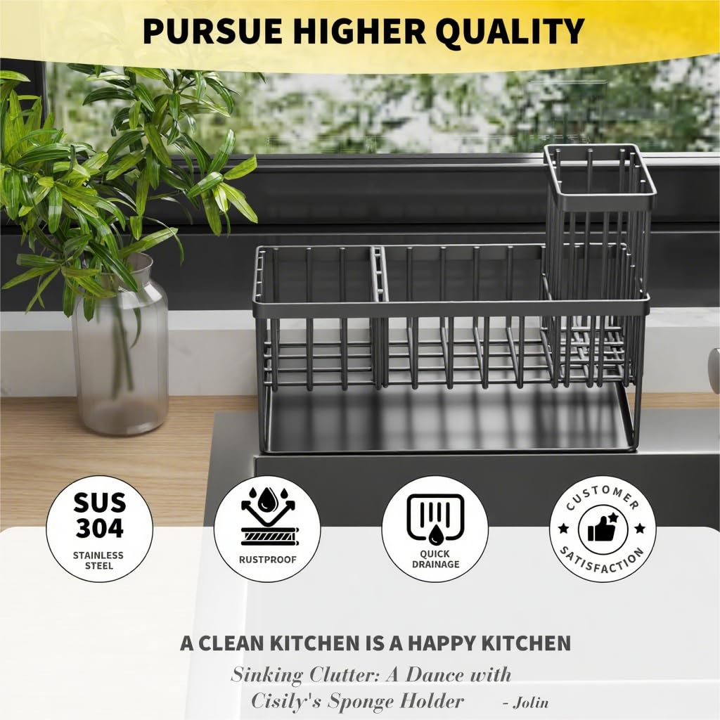 Kitchen Sink Caddy Organzier with High Brush Holder, Sponge Holder for Sink, 304 Rustproof Stainless, Kitchen Countertop Soap Dispenser Organizer, Kitchen Decor and Accessories