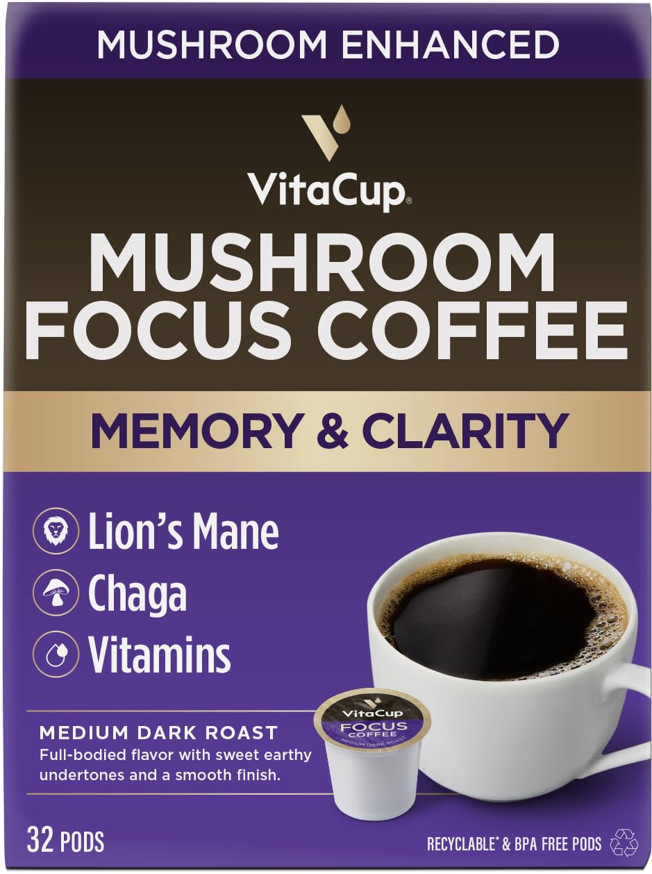 Capsules de café VitaCup Lightning, pour la mémoire et la concentration avec 2X de caféine, grains de café vert, vitamines B, D3, café torréfié foncé et fort, dosettes individuelles recyclables compatibles avec les cafetières Keurig K-Cup, 16 unités 