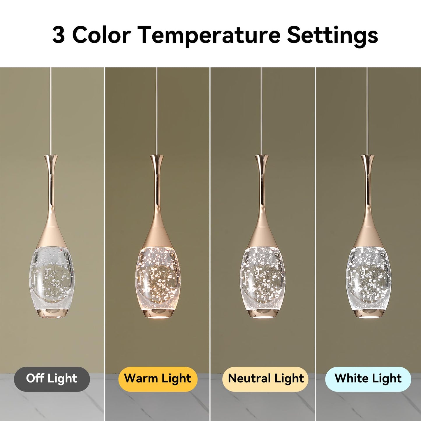 Modern Gold Pendant Light Fixtures, Crystal Pendant Lights with 3-Color, 3 Light Pendant Lights for Kitchen Island, Restaurants, Dining Room, Bedrooms (3 Pack)