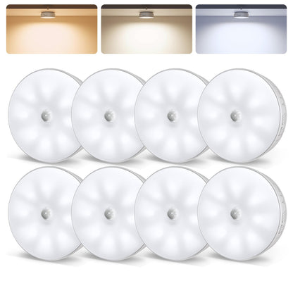 EZVALO 8 Pack Motion Sensor Closet Lights, 1200mAh Rechargeable LED Night Lights, Under Cabinet Lights, Puck Light, Dimmable, 3 Color Temps, Magnetic, Stick on for Kitchen, Stairs, Bathroom