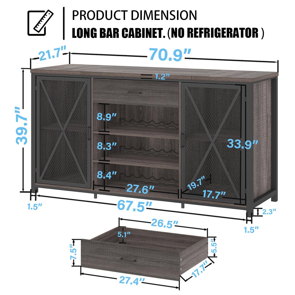 LVB Long Bar Cabinet with Fridge Space, Farmhouse Big Liquor Cabinet with Drawer Storage, Rustic Wood Metal Large Wine Cabinet with Rack, Modern Sideboard Buffet for Kitchen Dining Room, Gray, 70 Inch