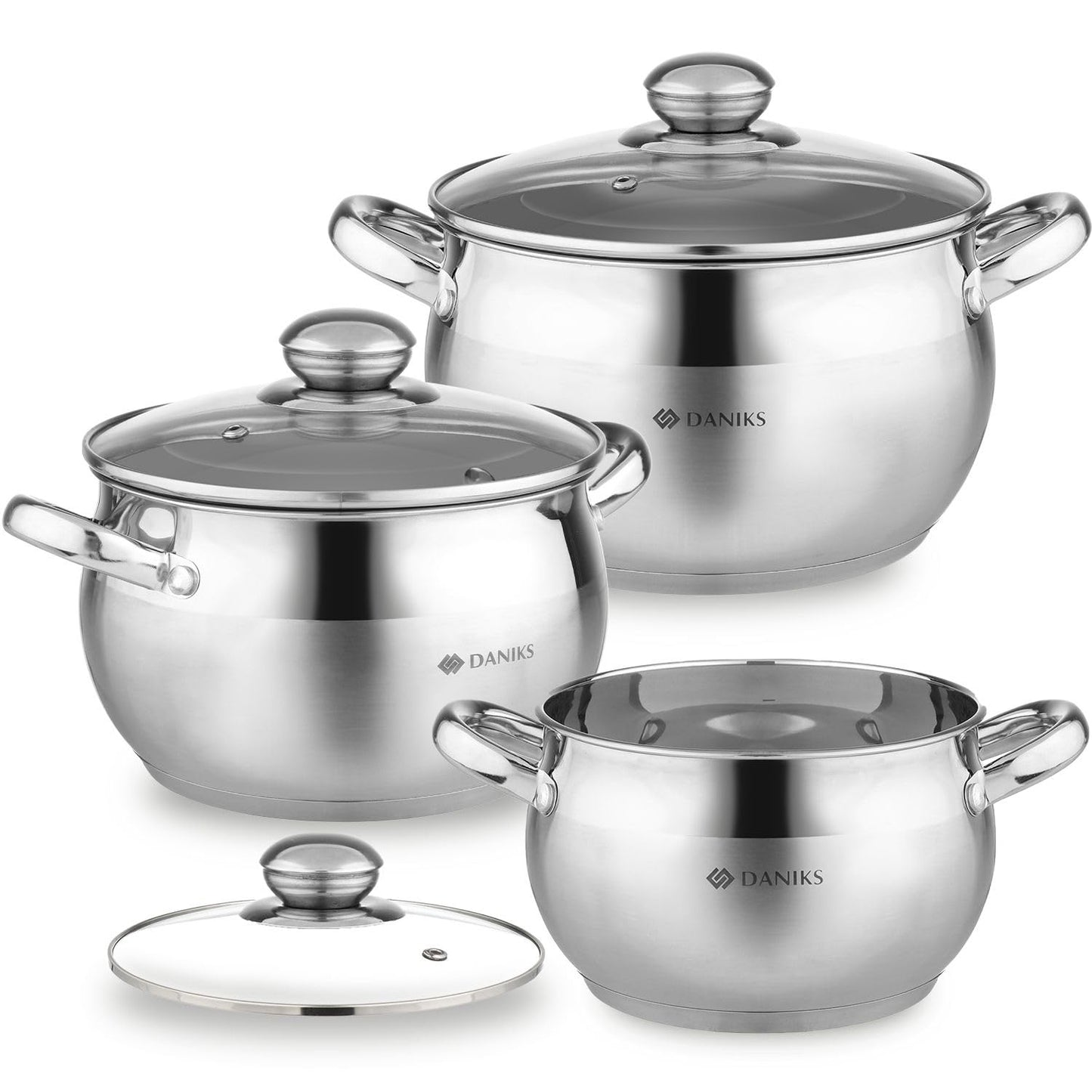 Daniks Classic Stainless Steel Kitchen Induction Pot Cookware Set | 12-Piece | Dishwasher Safe Pots with Lid | Saucepan + Frying Pan + Pots | Measuring Scale | Silver