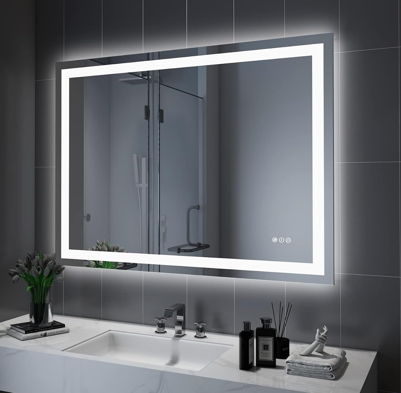 Amorho 20"x 28" LED Bathroom Mirror with Black Frame, Front Light and Backlit(Controlled Separately), Stepless Dimmable, Anti-Fog, Shatter-Proof, 3 Colors, Memory