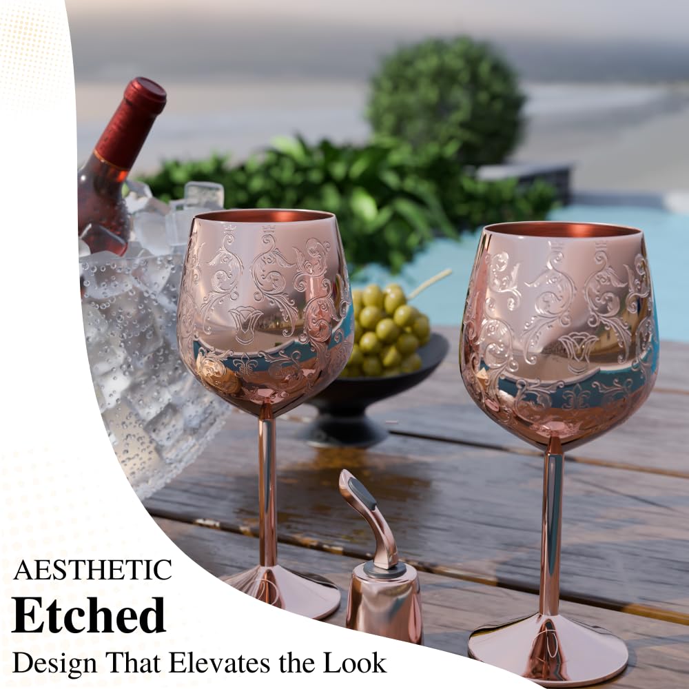 17oz Stainless Steel Wine Glasses [Set of 2]–Rose Gold Royal Goblets with Intricate Baroque Engravings, Unbreakable and Shatterproof Wine Cups with Bottle Stopper for Travel