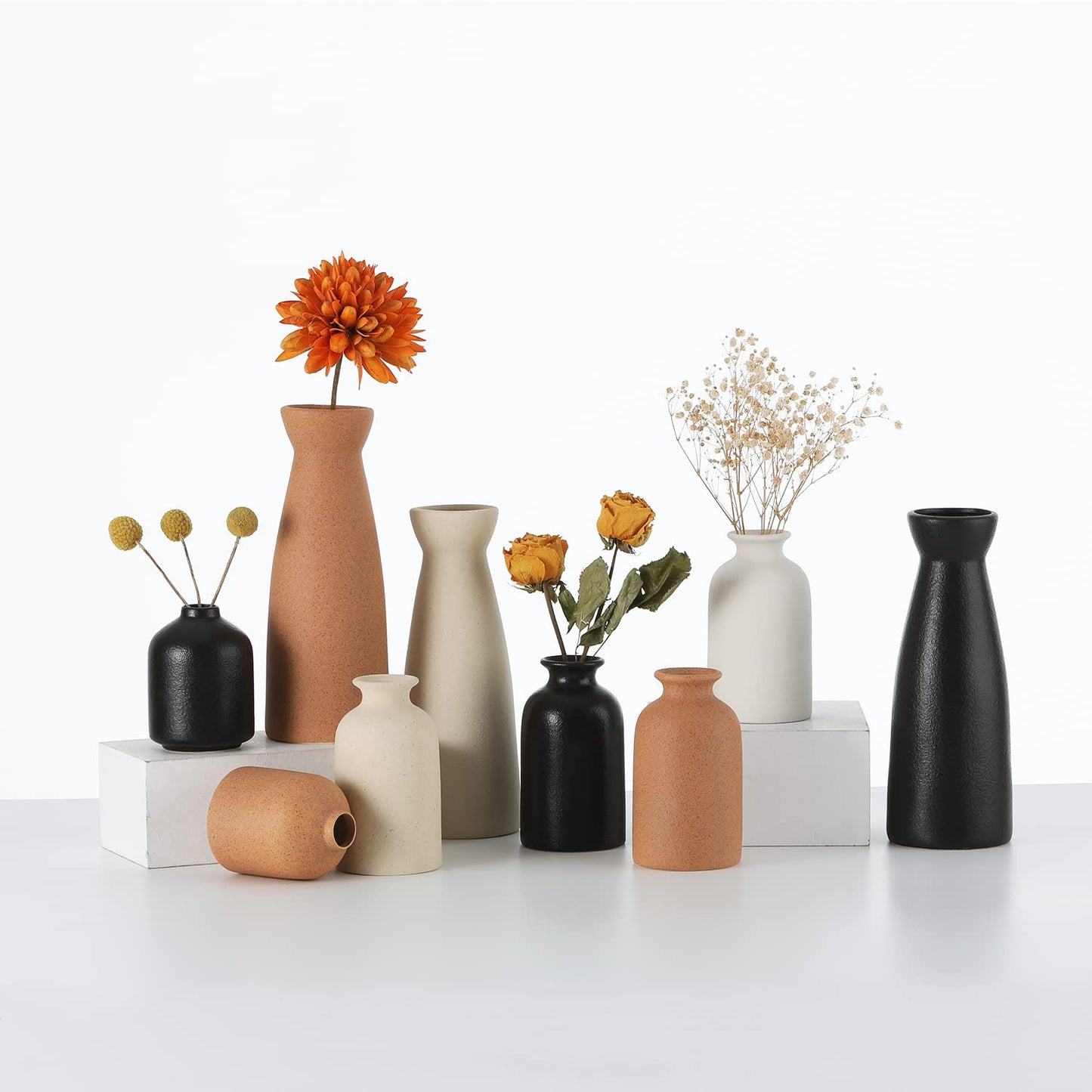 CEMABT Beiges Keramikvasen-Set, 3 kleine Blumenvasen zur Dekoration, moderne Boho-Bauernhaus-Heimdekoration, dekorative Vase für Pampasgras und Trockenblumen, ideales Regal, Tisch, Bücherregal, Eingangsbereich – Used-Look 