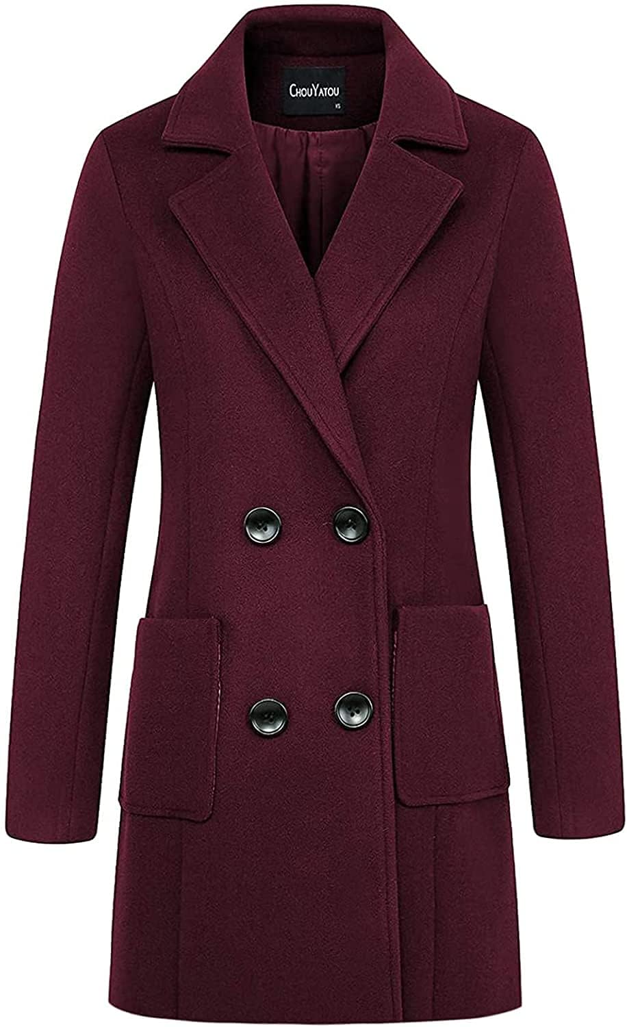 chouyatou Women Elegant Notched Collar Double Breasted Wool Blend Over Coat