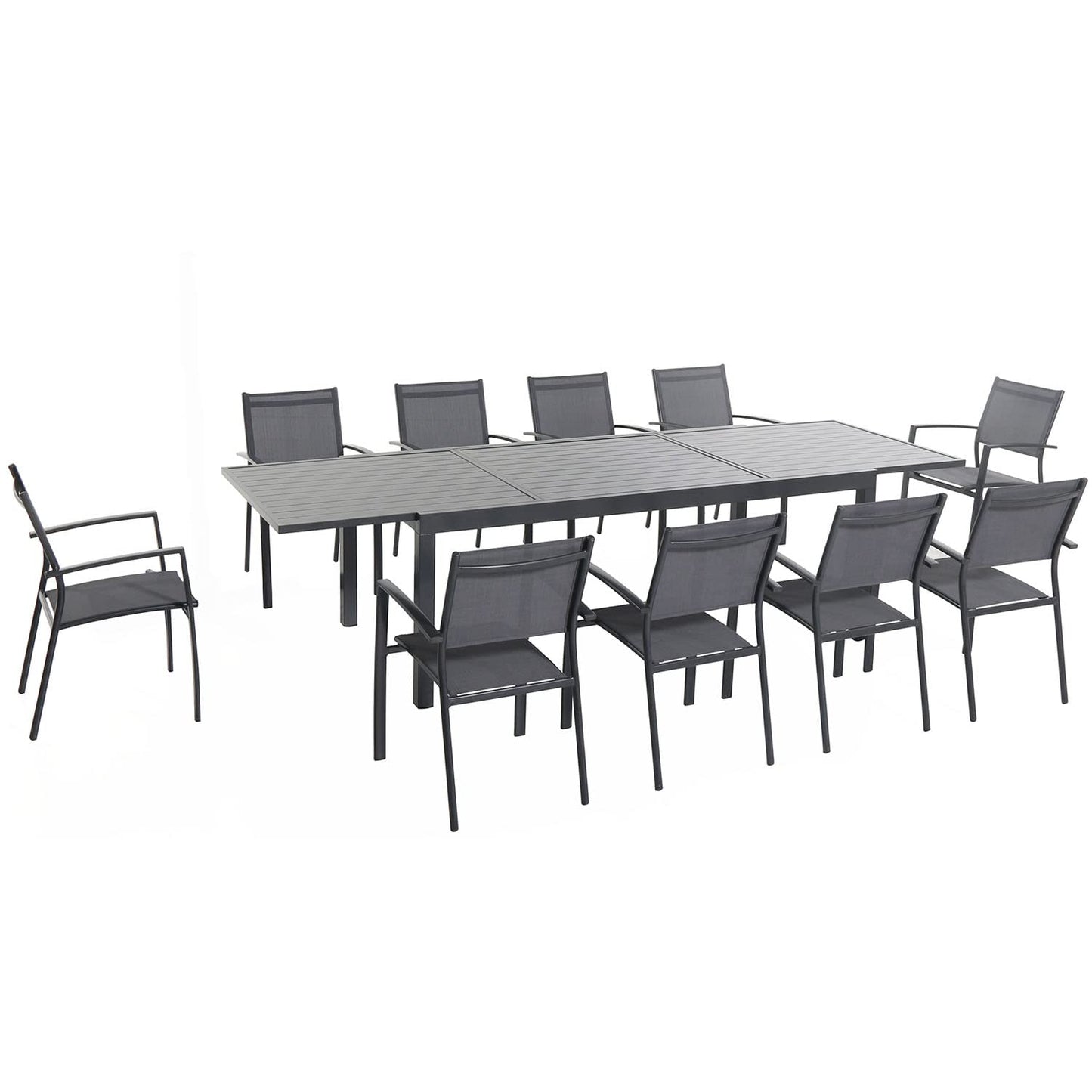 Hanover Naples 11-Piece Patio Dining Set with Rust Resistant Aluminum 40" x 118" Expanding Rectangular Dining Table w/ 10 High-Back Stackable Sling Chairs, Weather-Resistant Outdoor Dining Set for 10