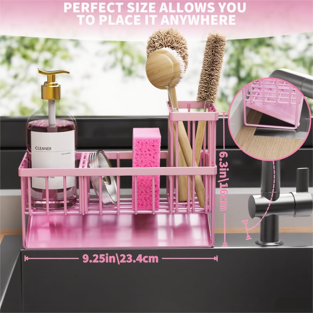 Kitchen Sink Caddy Organzier with High Brush Holder, Sponge Holder for Sink, 304 Rustproof Stainless, Kitchen Countertop Soap Dispenser Organizer, Kitchen Decor and Accessories