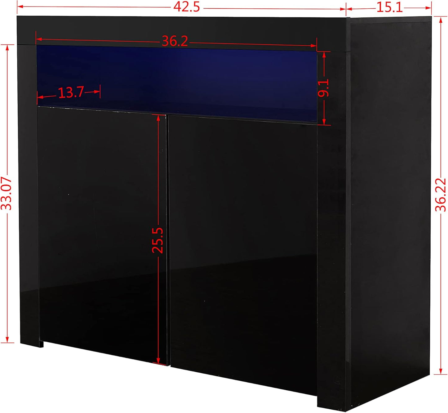 Sideboard, Vitrine mit LED-Licht, modern, schwarz, Hochglanz, Küchenaufbewahrungsschrank, Buffetschrank, Holz, Küchenzeile, Schrank, Buffetvitrine, TV-Ständer mit 2 Türen für Flur, Esszimmer 