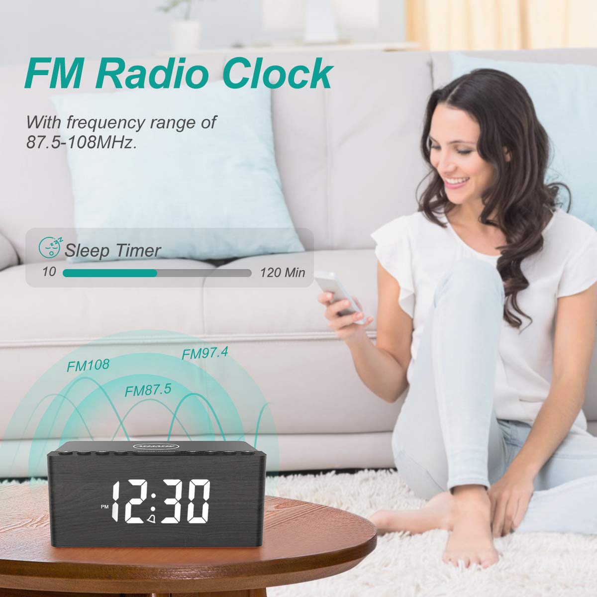 Digital Alarm Clock with FM Radio & Wireless Charging – Qi-Certified, LED Display, USB Port, Sleep Timer