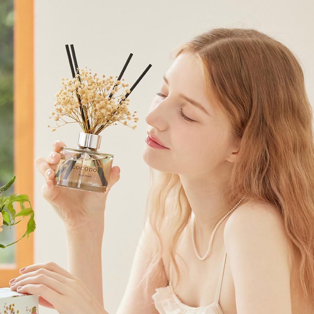 COCODOR Flower Reed Diffuser Set / 6.7oz / White Jasmine/Scent Diffuser with Sticks Home Fragrance Reed Diffuser for Bathroom Shelf Decor
