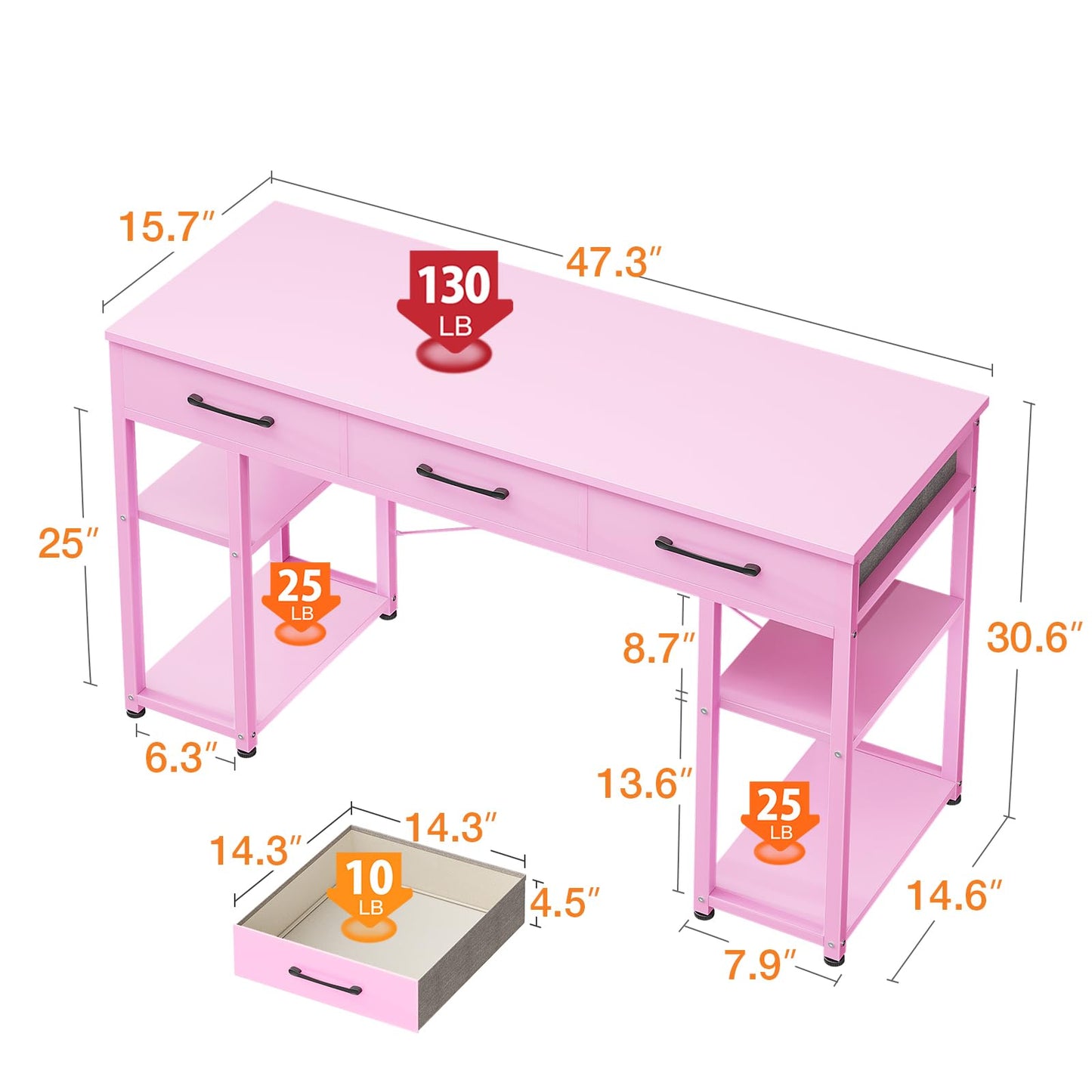 Bureau d'ordinateur de petite taille ODK : table de maison avec tiroirs en tissu et étagères de rangement, bureau d'écriture moderne, noir, 48"x16" 