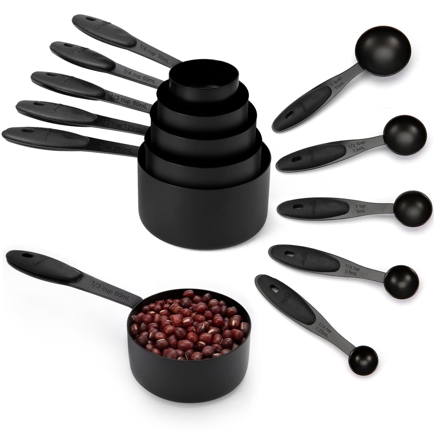 Joyhill Messbecher und -löffel aus Edelstahl, 10-teiliges Set, ineinander stapelbare Messbecher aus Metall mit Soft-Touch-Silikongriffen für trockene und flüssige Zutaten, Kochen und Backen (schwarz) 