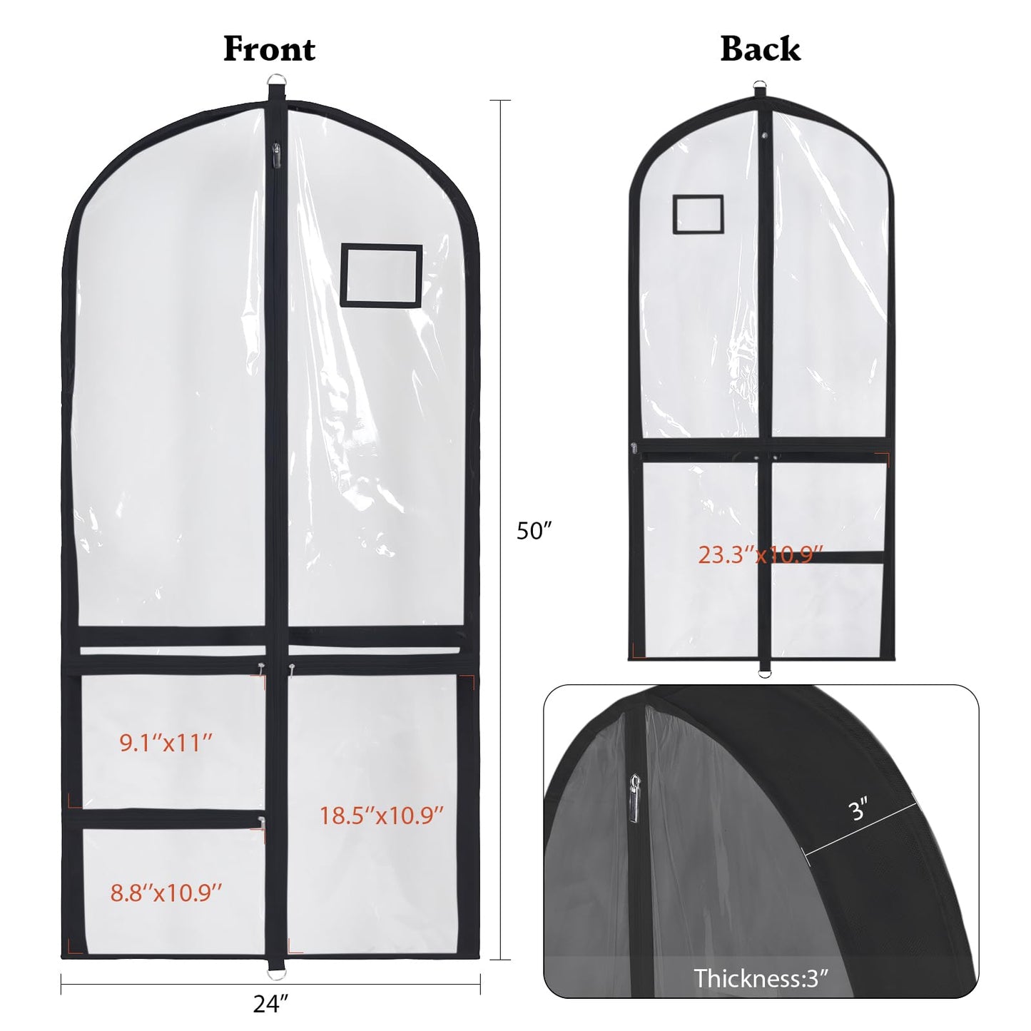Univivi Clear PVC Dance Costume Bags (3 Pack) Garment Bag 40 Inch for Dance Competitions, with 4 Medium Clear Zipper Pockets and 1 Large Back Zippered Pocket [Upgraded Version]