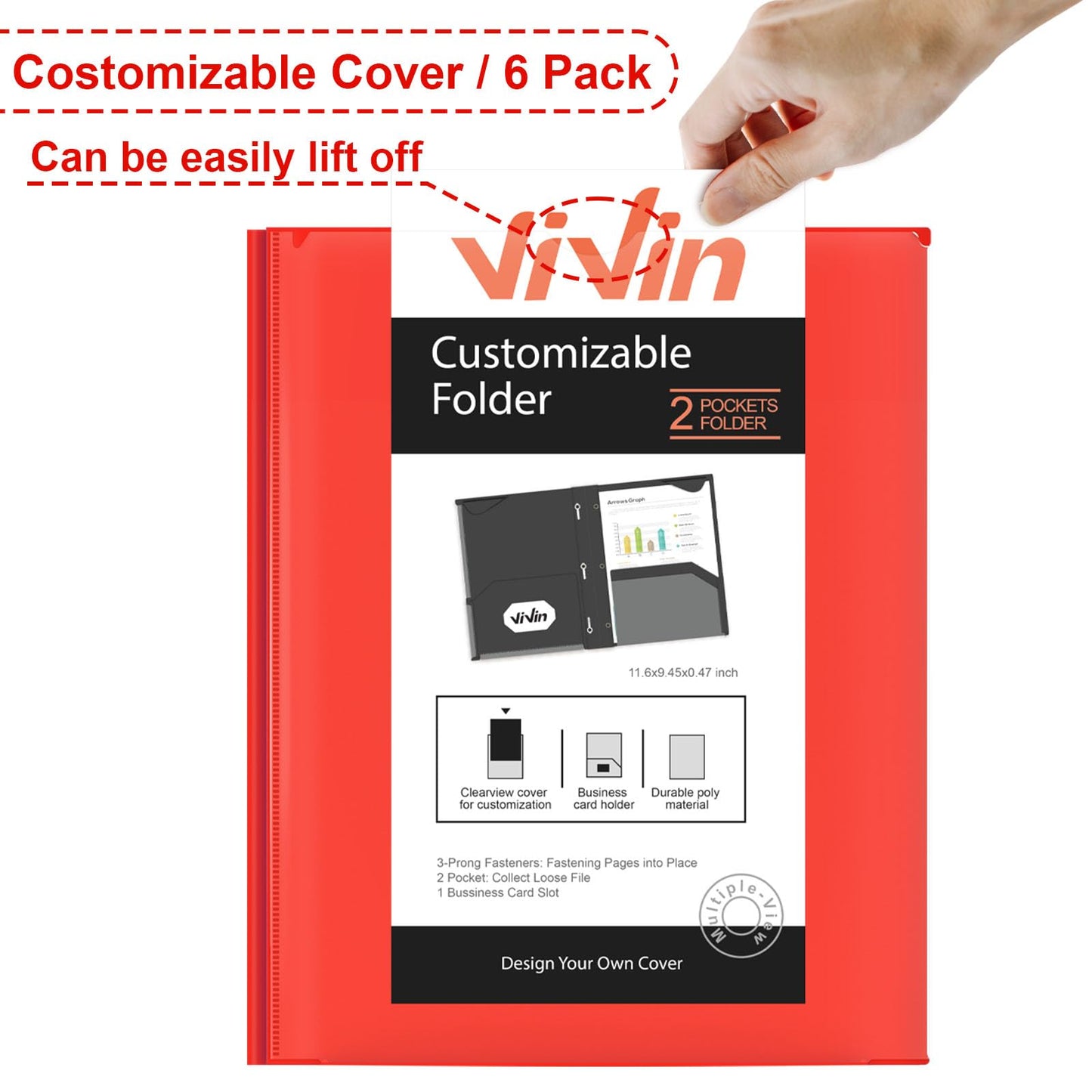 ViVin Heavyweight Plastic Folders with Pockets and Prongs, Two Pockets, Clear Front Pocket & Stay-Put Tabs, 6 Pack, Hold US Letter Size Paper, for School and Office - White