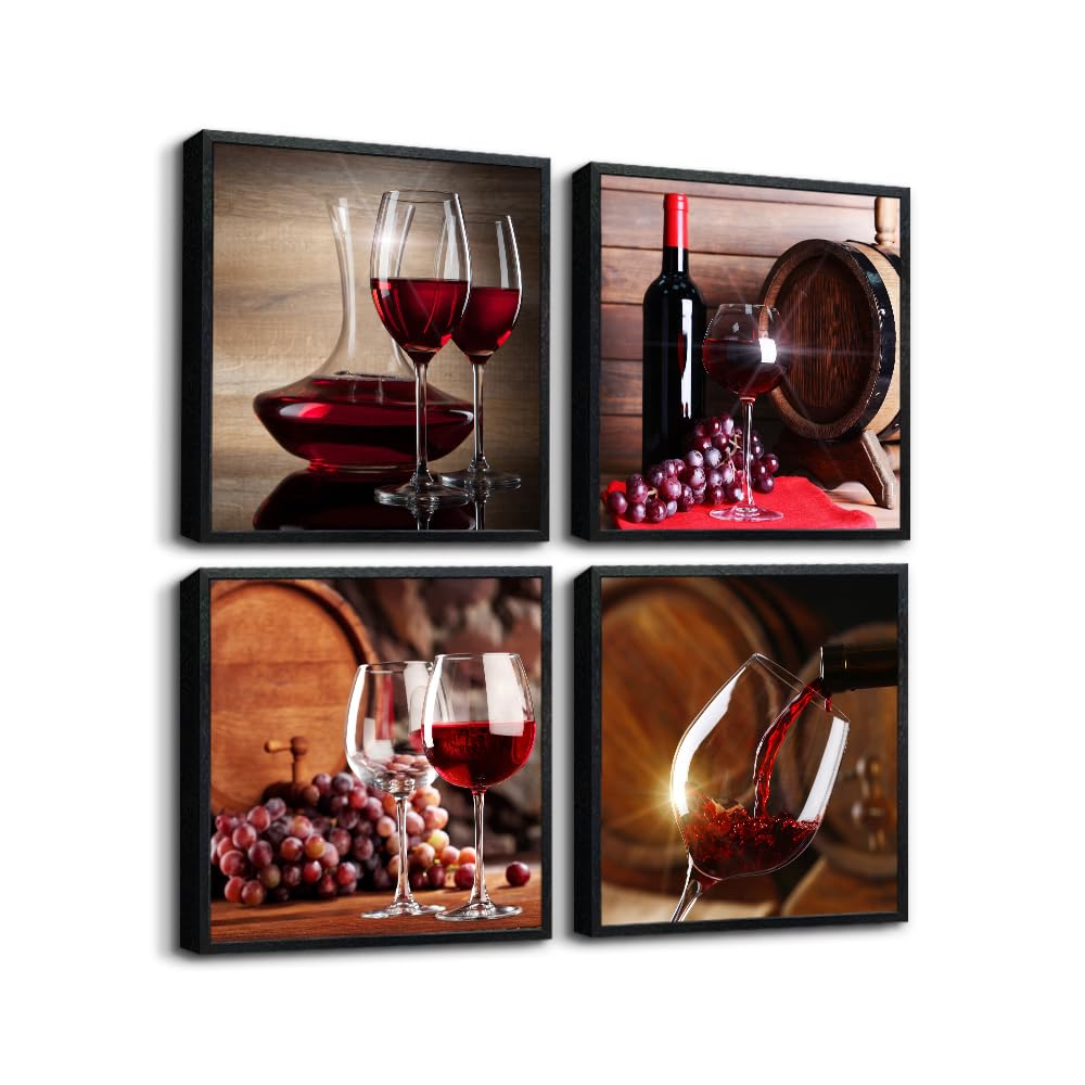 TTHYUEWS Canvas Wall Art For Kitchen Dining Room Wall Decor Wine Glass Wall Painting Still Life Wine Fruit Goblet Frame Wall Pictures Prints Artwork Bar Restaurant Decoration Home Decor 4 Piece Set