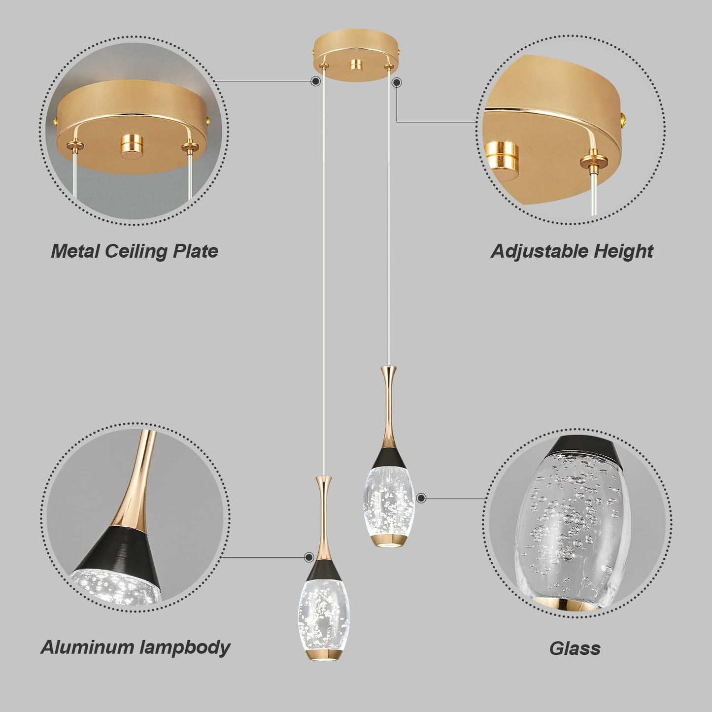 Moderne Pendelleuchte in Schwarzgold, dimmbare LED-Deckenleuchte, Mini-Pendelleuchte in Tropfenform aus Kristall für Kücheninsel, Schlafzimmer, Flur, Eingangsbereich (3er-Pack) 