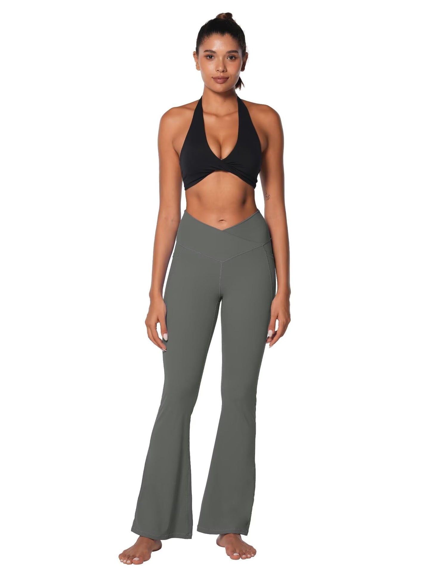 Sunzel Flare Leggings for Women with Pockets, Crossover Yoga Pants with Tummy Control, High Waisted and Wide Leg