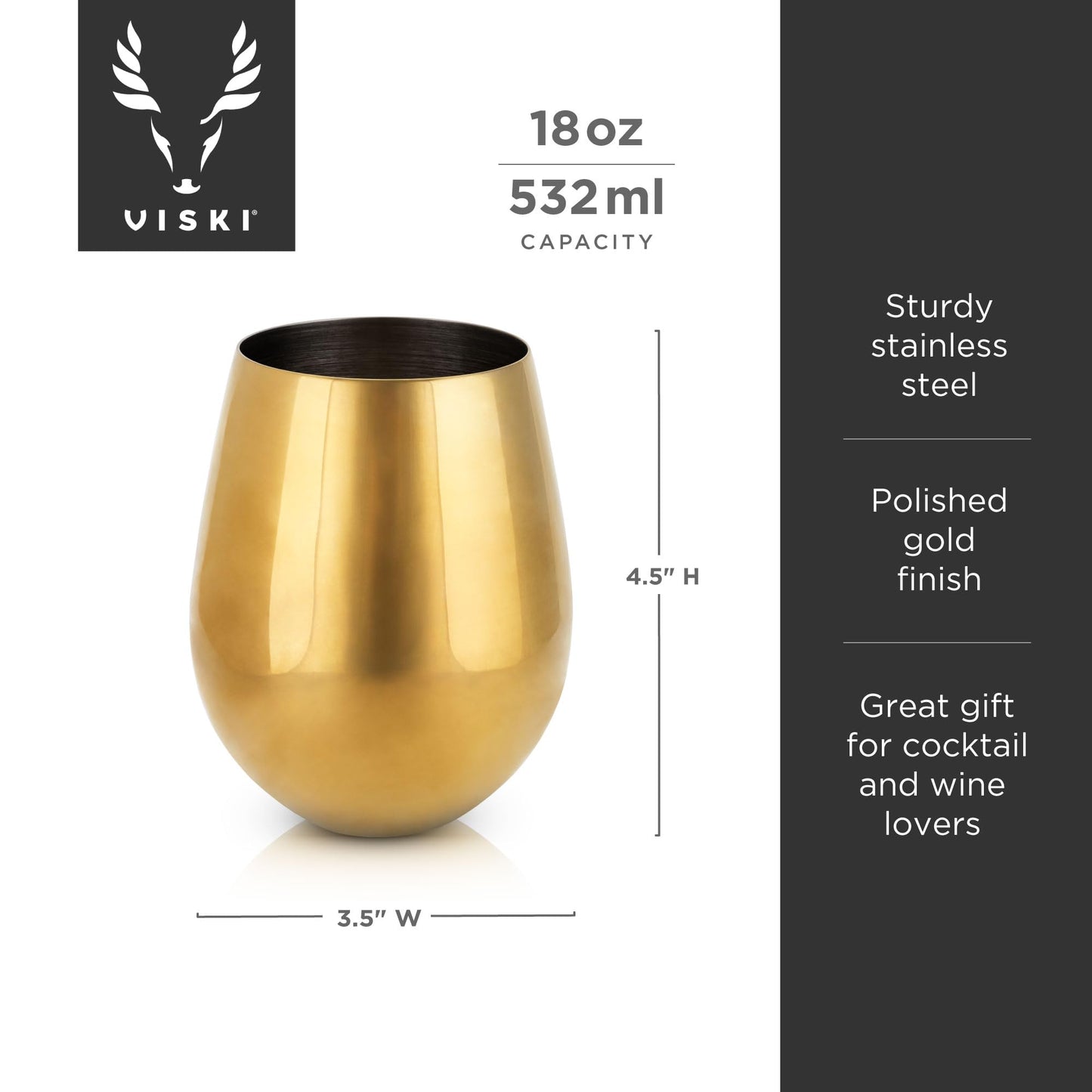 Viski Gold Wine Glasses, Stemless Wine Glass Set, Stainless Steel with Gold Finish, 18 Ounces, Set of 2, Gold