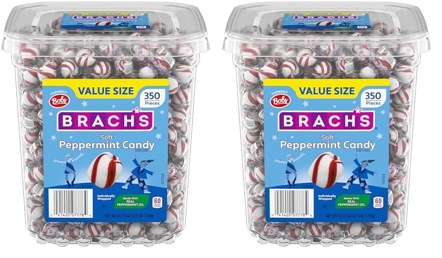 Brach's Bobs Sweet Stripes Soft Peppermint Candy, Individually Wrapped Pieces, 3.9 lb Tub (350 Count)