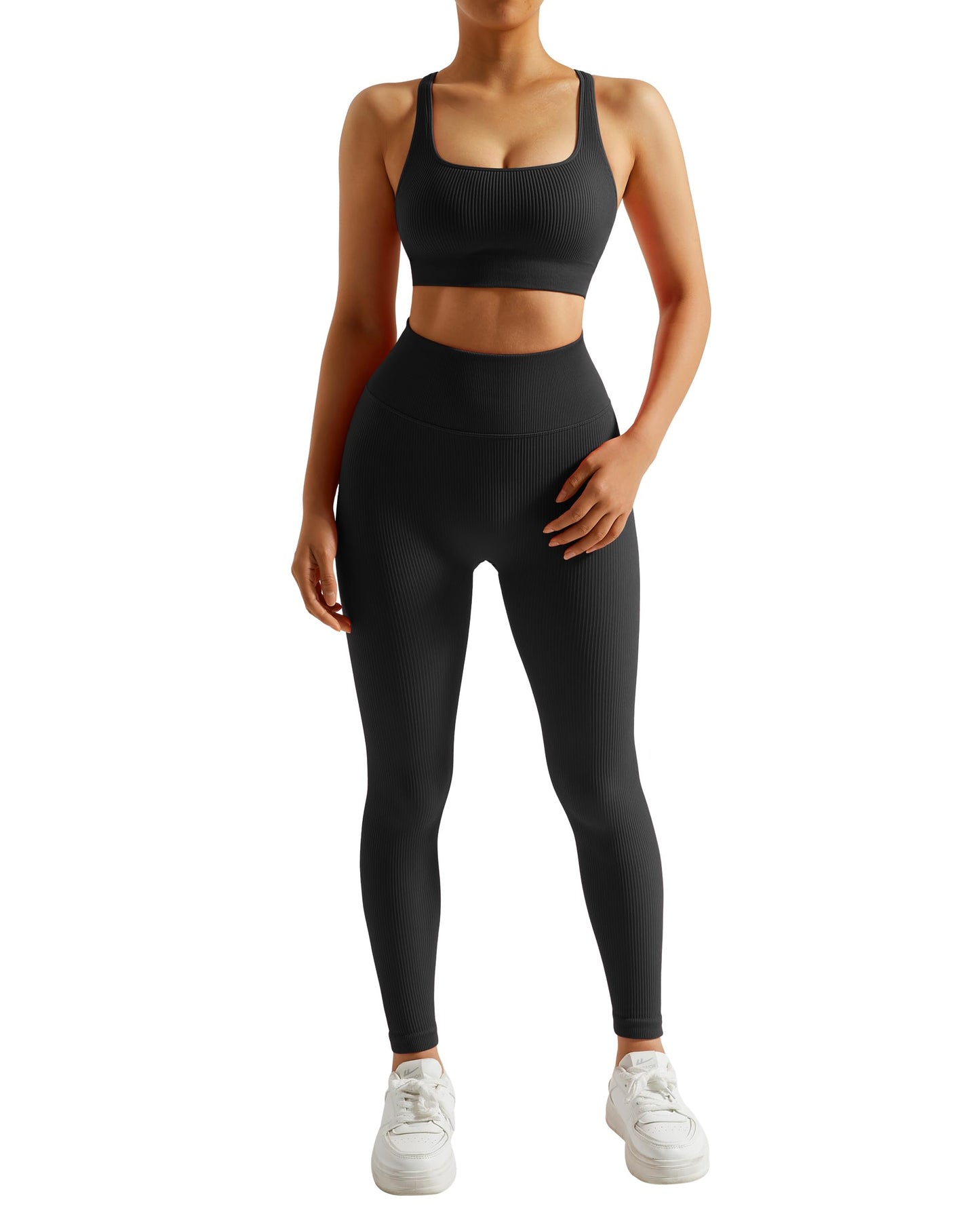 RXRXCOCO Gerippte Workout-Sets für Damen, 2-teilig, rückenfrei, Riemchen-Sport-BH, nahtlose Leggings, passendes Set, Yoga-Outfits 